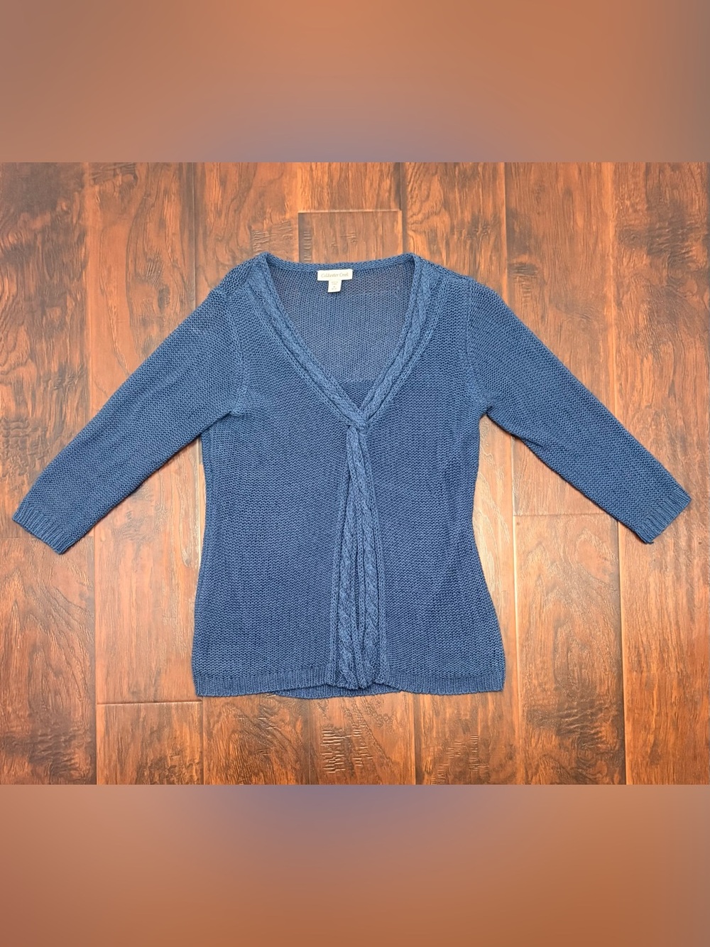 Coldwater Creek Women’s Medium Blue Cable Knit V-Neck Sweater 3/4 Sleeve